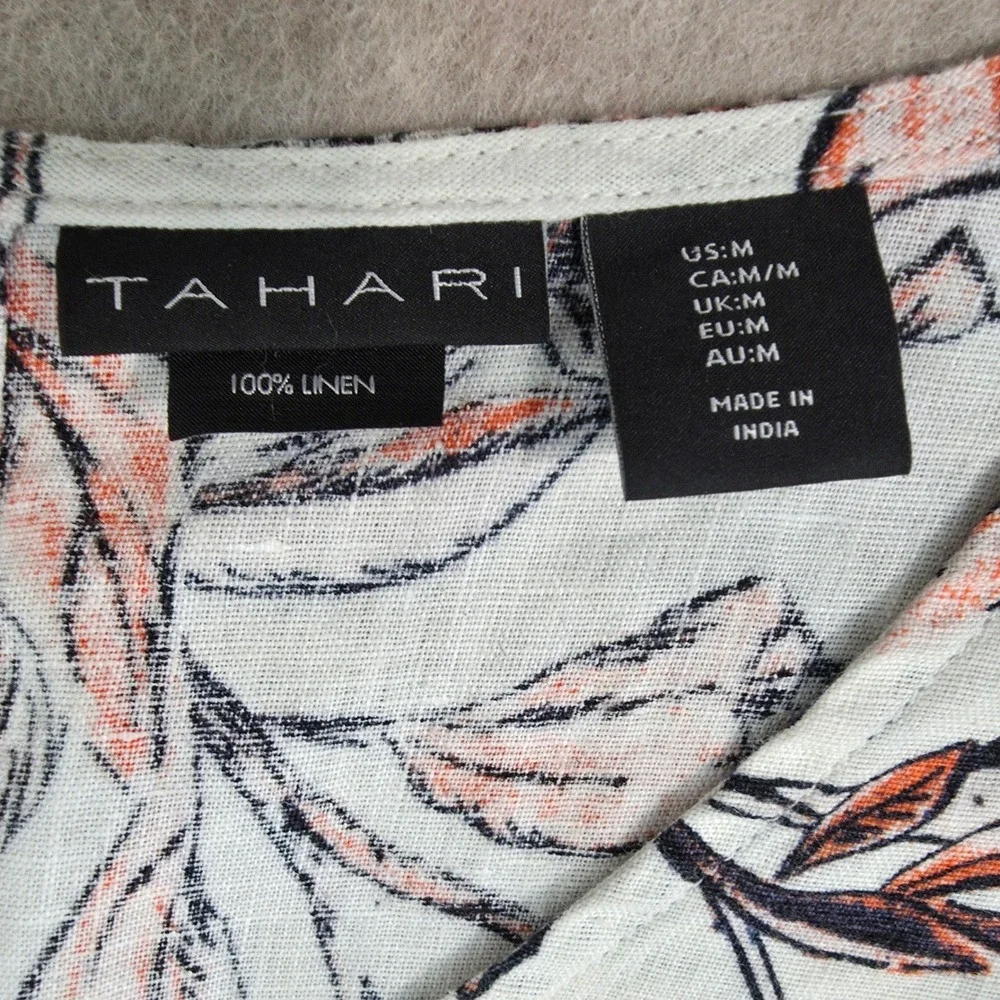 Tahari 100% Linen Tropical Floral Mini Dress Sz M Beach Boho Print Ruffle‎ Shift